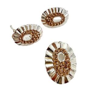 Sterling Silver Orange Crystal Earrings and Pendant Set Vintage 90s 925